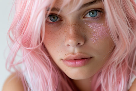 close-up portrait of a woman with pink hair and glittery makeupの素材