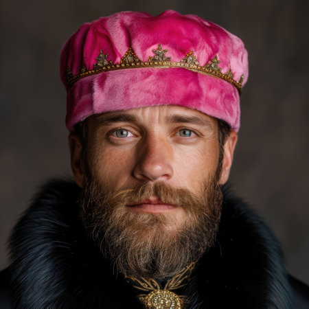 Regal man with beard wearing pink fur hat and crownの素材