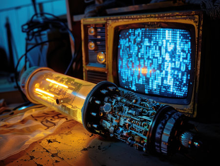 Retro computer technology with glowing displayの素材