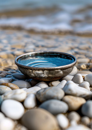 Tranquil water reflection in a ceramic bowl on a pebble beachの素材