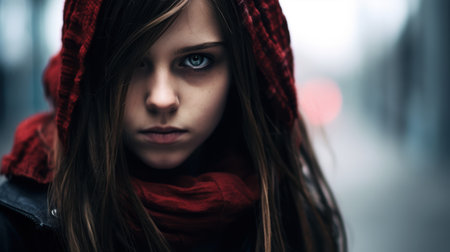 Mysterious woman in red hooded jacketの素材