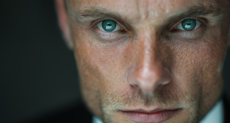 Intense gaze of a mature man with piercing blue eyesの素材