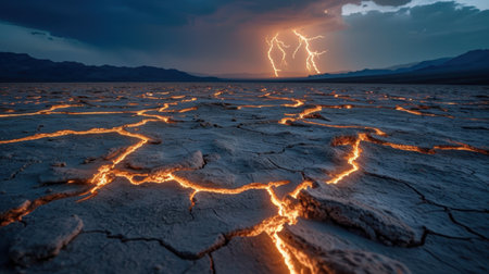 Dramatic lightning storm over a desert lake at nightの素材