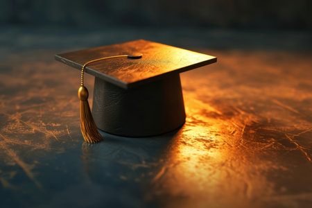 Graduation cap on wooden table with warm lightingの素材