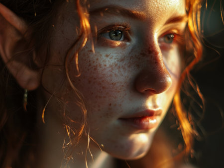 close-up portrait of a young woman with freckles and fiery red hairの素材