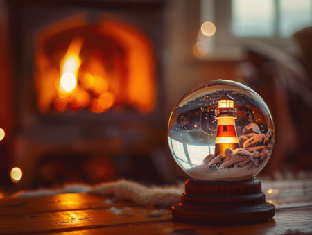 cozy winter scene with snow globe and fireplaceの素材
