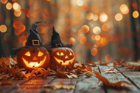 Spooky Halloween pumpkins with witch hatsの素材