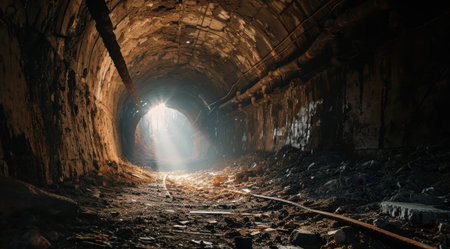Mysterious underground tunnel with glowing light at the endの素材