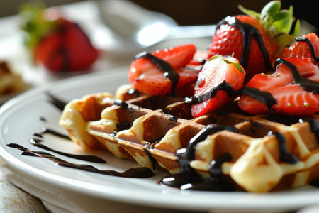 Delicious strawberry waffles with chocolate syrupの素材