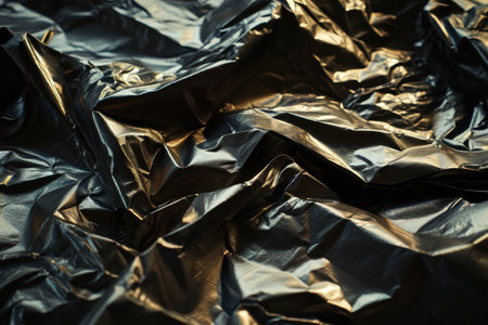 Crumpled black and gold metallic foil texture backgroundの素材