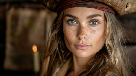Captivating portrait of a young woman with freckles and piercing eyesの素材