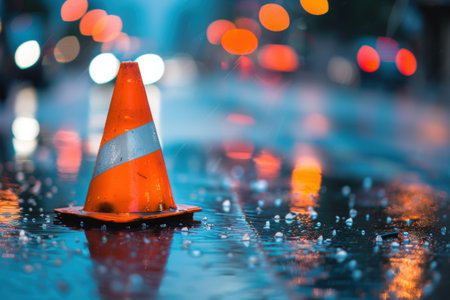 Rainy night in the city street with traffic coneの素材
