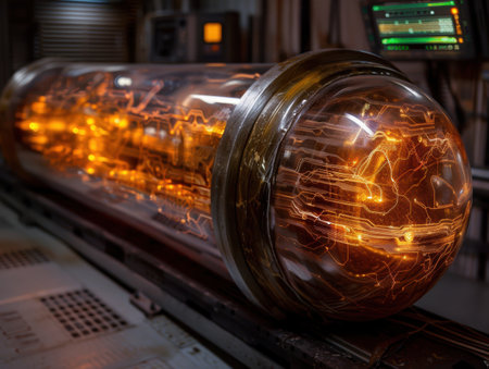 Glowing glass sphere on a computer deskの素材