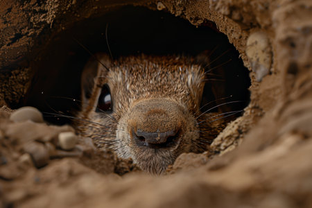 Close-up of a curious squirrel peeking out from a burrowの素材