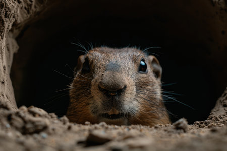 Curious ground squirrel peeking out of burrowの素材