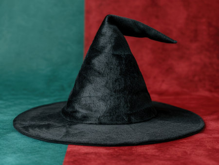 black witch hat on red and green backgroundの素材