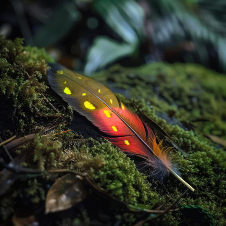 Colorful feather on moss-covered forest floorの素材