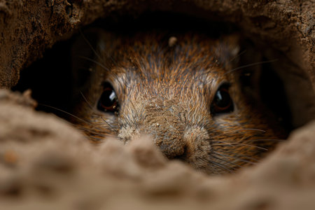 Close-up of a curious rodent peeking out from its burrowの素材