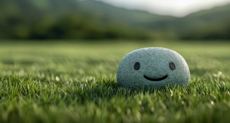 Smiling green plush toy in grassy fieldの素材