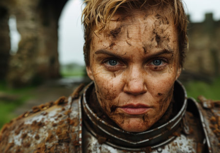 Determined and weathered face of a person in the outdoorsの素材