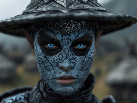 Mysterious warrior with intricate facial markingsの素材