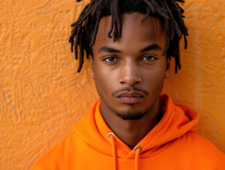 young african man with dreadlocks wearing orange hoodieの素材