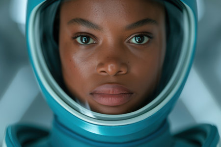 Thoughtful young woman in protective gearの素材