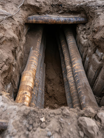 underground pipes in a trenchの素材