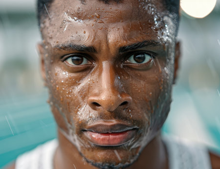 close-up portrait of a man with wet faceの素材