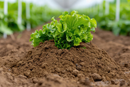 Fresh green lettuce growing in garden soilの素材