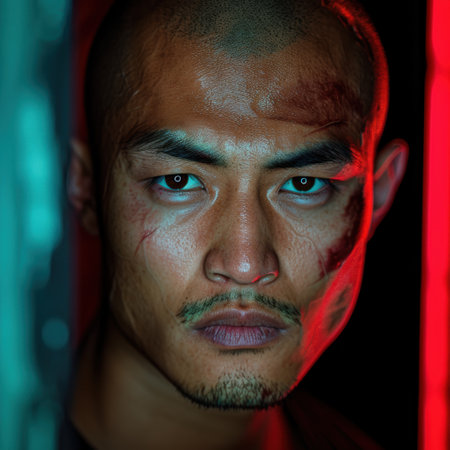 Intense gaze of a man with striking featuresの素材