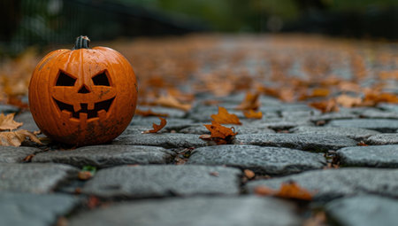 spooky jack-o-lantern in autumn leavesの素材