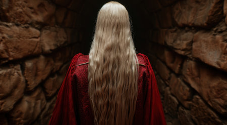 woman with long blonde hair wearing a red cloakの素材