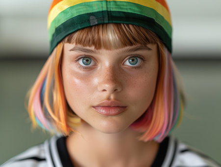 Vibrant young person with colorful hair and intense gazeの素材