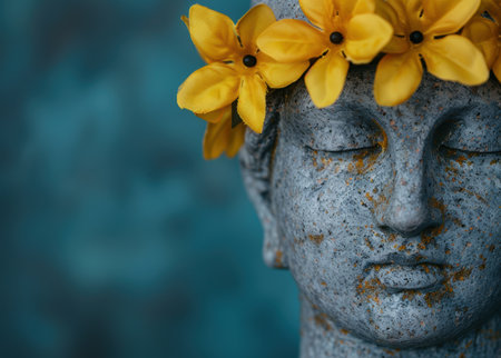 Serene buddha statue with yellow flowersの素材