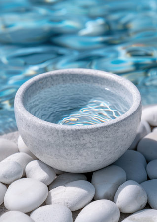Tranquil water reflection in a concrete bowl surrounded by smooth stonesの素材