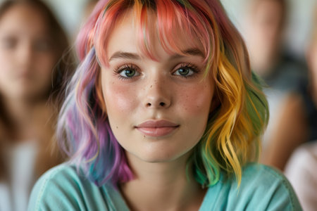 colorful hair woman with vibrant expressionの素材