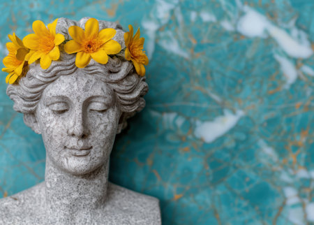 stone sculpture with yellow flowersの素材