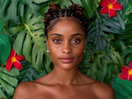 beautiful woman with braided hairstyle surrounded by tropical foliageの素材