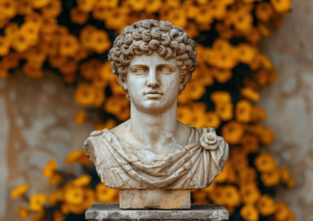 ancient marble bust statue in garden settingの素材