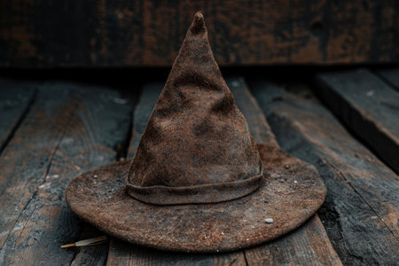 Worn and weathered witch's hat on a rustic wooden surfaceの素材