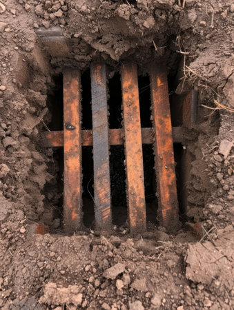 Rusty metal grate in dirtの素材