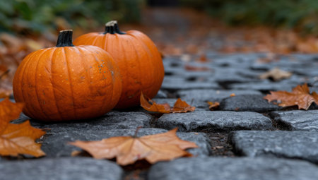 Autumn pumpkins on a stone pathの素材