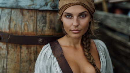 portrait of a woman with braided hair in a rustic settingの素材