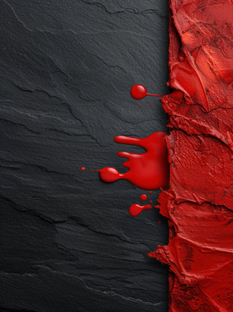 Dramatic red paint splatter on black slate backgroundの素材