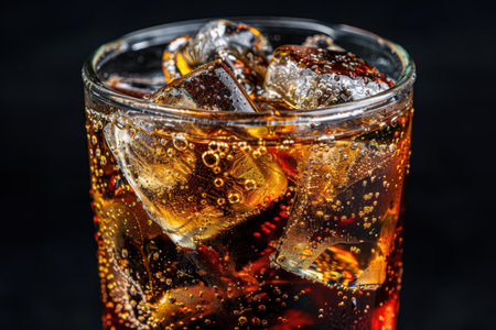 Close-up of a glass of fizzy cola drink with ice cubesの素材