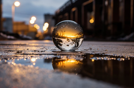 Reflection of city skyline in glass sphere on snowy groundの素材