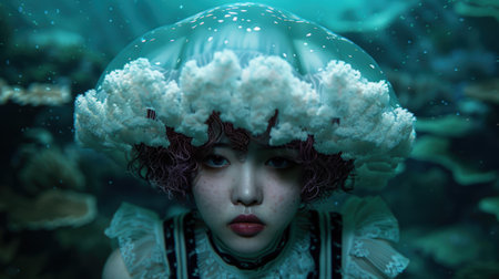 Ethereal winter portrait of a woman with a snowy headdressの素材