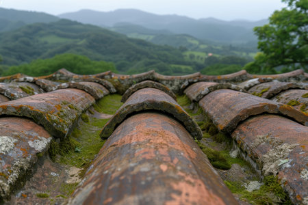 Weathered Roof Tiles in a Lush Green Landscapeの素材