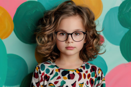 young girl with curly hair and glasses posing against colorful backgroundの素材